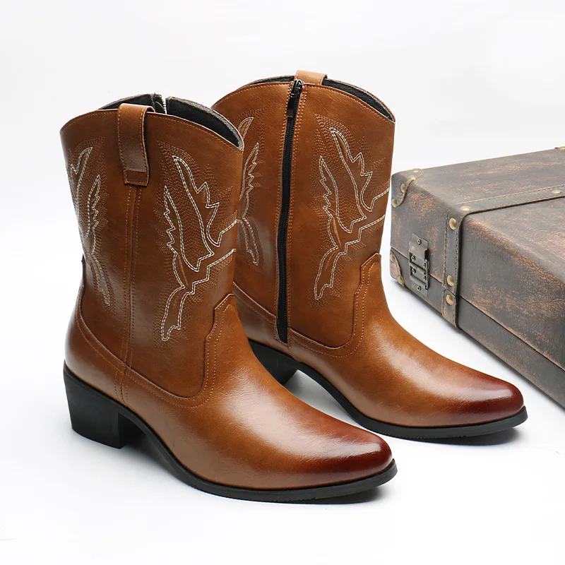 Size 38-46 Western Cowboy Boots for Men Designer Mens Shoes VINTAGE Embroider Leather Boots Black Brown British Style