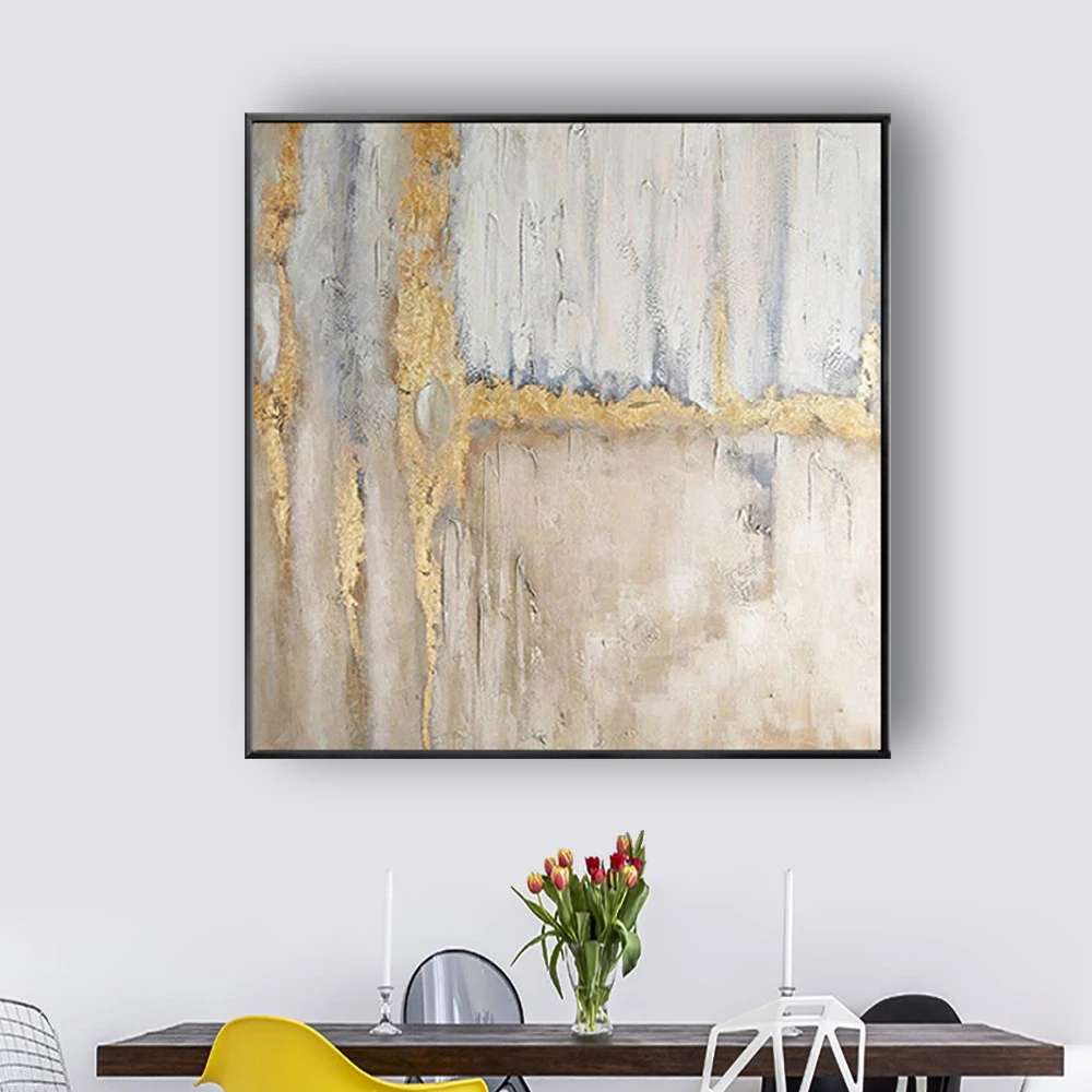 رسمت باليد الحديثة النفط اللوحة الأصفر الذهبي الرمادي قماش المشارك مجردة صورة قلادة للمنزل ديكور نمط جدار الفن جدارية #6