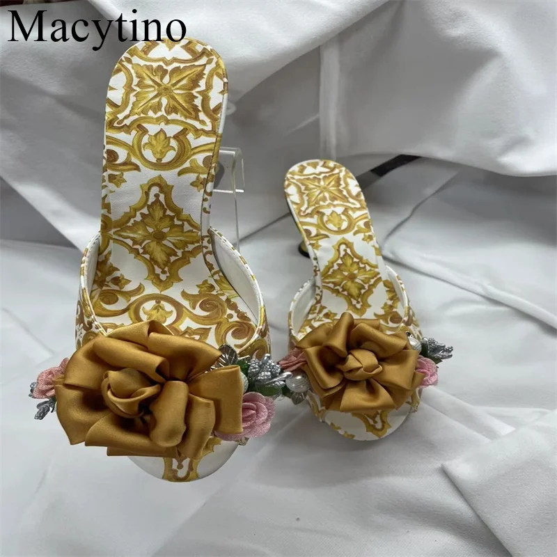 2024 New Arrival Beaded Flower Decoration Ladies Slippers Strange Heel Lady Shoes Open Toe Slip-on Outwear Slides For Girls