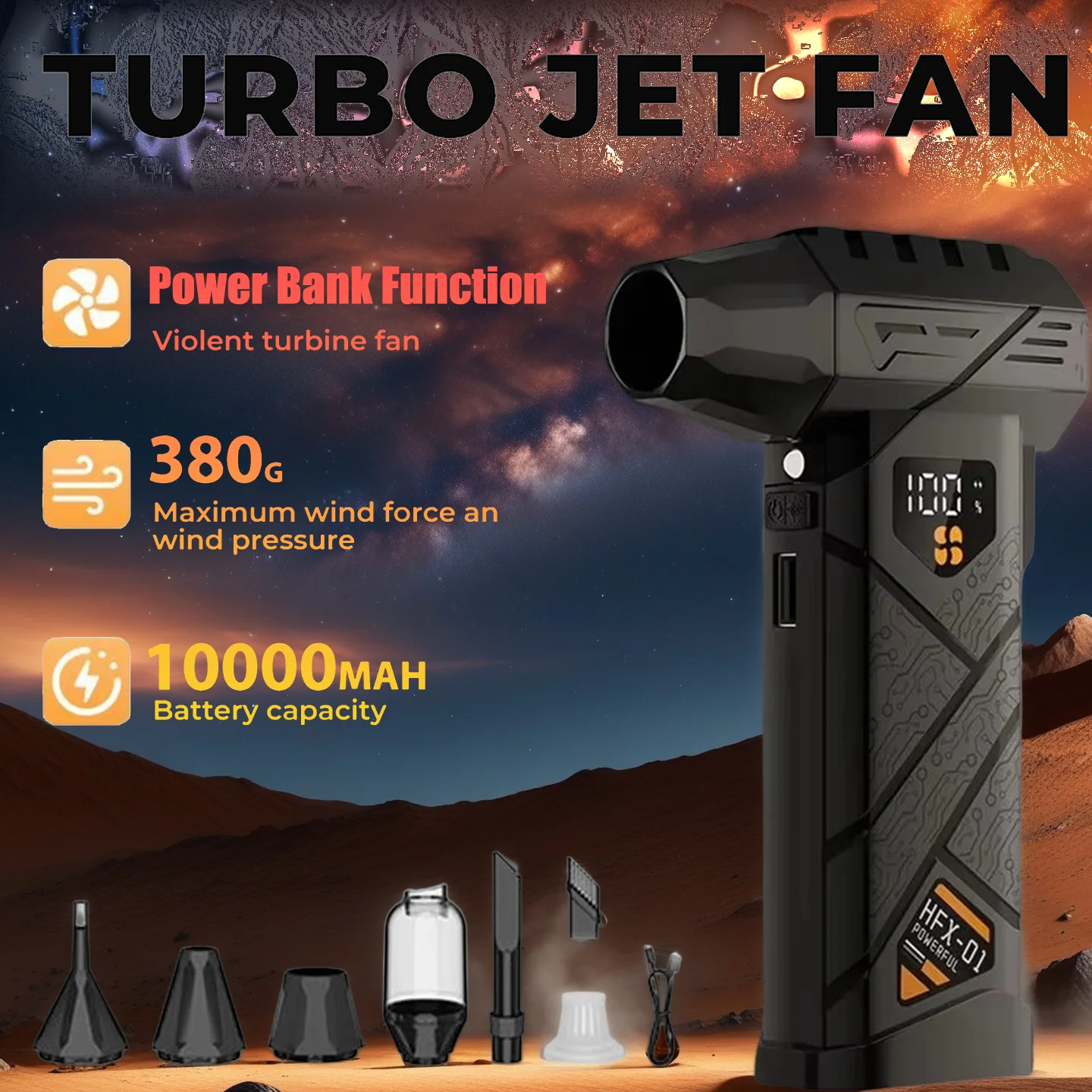 

Powerful Violent Fan 580000RPM Turbo Blower 100-Gear Speed Fan Wireless Air Blower with Power Bank Function LED Lighting