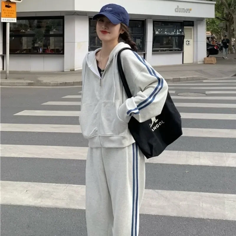 

Autumn Hoodies Women Korean Y2k Hooded Sweatshirts Preppy Harajuku Loose Zipper Sweater Sweatshirt And Pants Two Piece Set