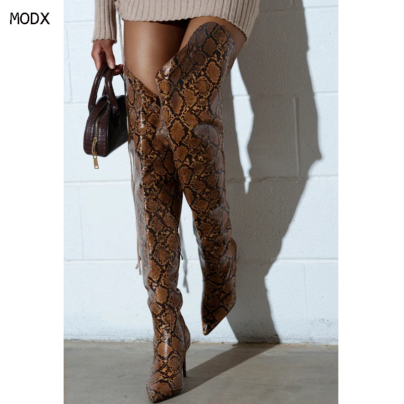 

2025 New Sexy Women Snakeskin Pattern Over The Knee Boots Classic High Heels Pointed Toe Thigh High Boots Side Zip Booties