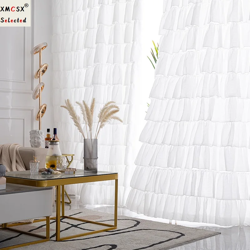 French Fashion Solid White Opaque Lace Curtain Princess Multi-Layer Romantic Ruffles Window Drape for Girl\'s Bedroom Deco Fabric