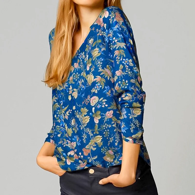 Women Elegant Shirts & blouses Vintage Floral Printing Long Sleeve Shirt Female Clothing Casual Tops Blue Flower Pattern Shirt