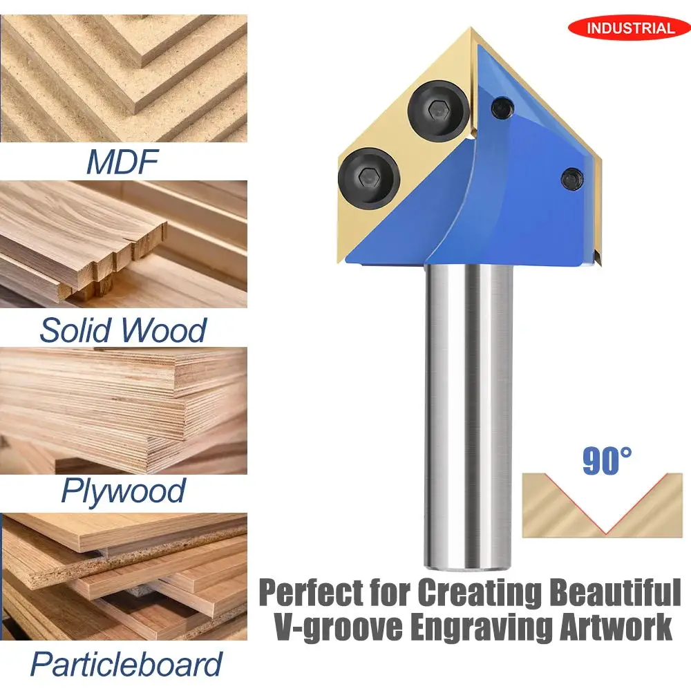 XCAN Milling Cutter 1/2 Shank 90 Degrees V Groove Router Bit Carbide Insert Wood Planer Bit V Slot Engraving Bit for Woodworking