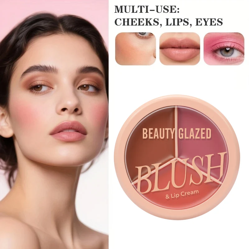 3-color blush palette-cream 2-in-1 multifunctional facial lip makeup, berry, pink, red waterproof