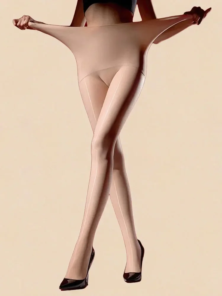 Women Plus Size High Waist Elastic Pantyhose Seamless Slip Autumn Oil Shiny Shaping Tights Sheer See Through Maid Stocking