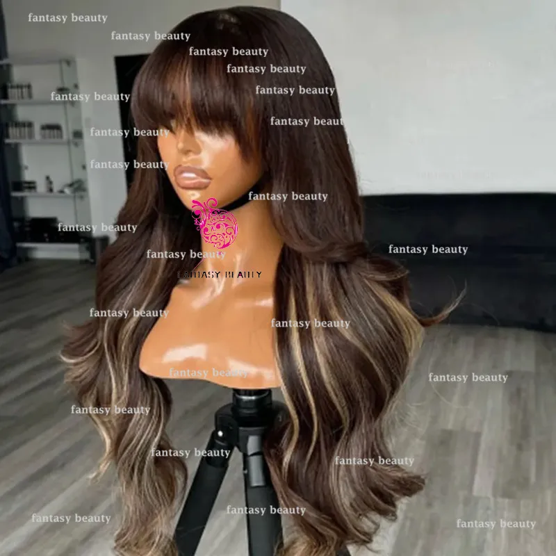 Highlights Gold Lace Body Wave 100%Remy Hair Dark Brown bangs 13 x 6 Breathable Front Lace wig High density Lace wig 200 density image 4