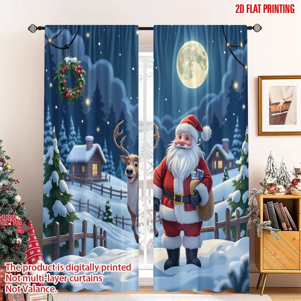 

2pcs 2D flat printing Merry Christmas Curtain Santa Claus Reindeer Snow Christmas Fabric Without Electricity Festive Holiday for