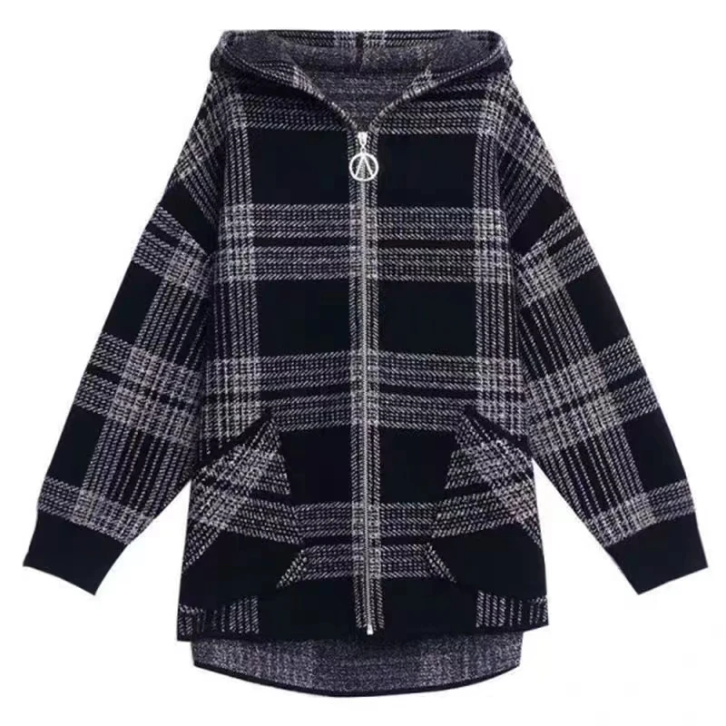 5XL Large Size Plush Thick Warm Coat Autumn Winter Women\'s Hooded Trench Coats Korean Loose Plaid Jacket Female Wild Zipper Tops