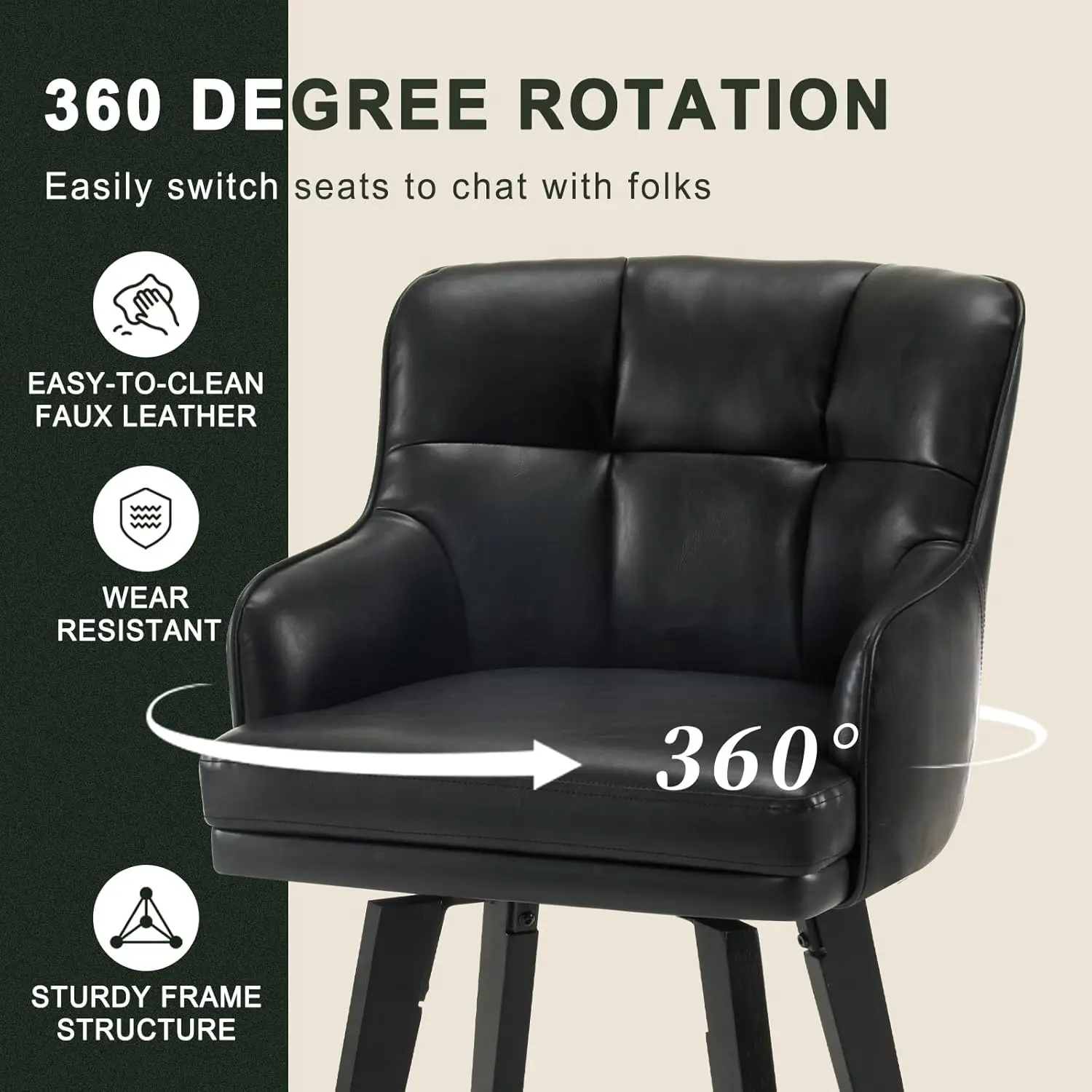 360 ° مقاعد بار ذات ارتفاع دوار مع ظهر، أرجل خشبية صلبة مقاس 26 بوصة، مقعد بار كراسي جزيرة المطبخ الحديثة، جلد صناعي (B)