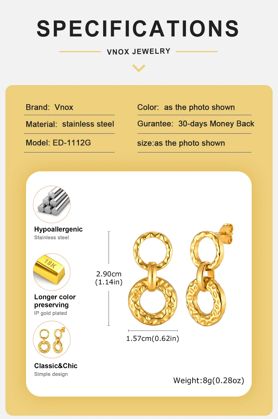 Vnox Trendige ineinandergreifende Ring-Ohrringe für Damen, Edelstahl, vergoldet, gehämmerter Kreis-Creolen-Ohrring, Statement-Schmuck für den Alltag – Detail 4