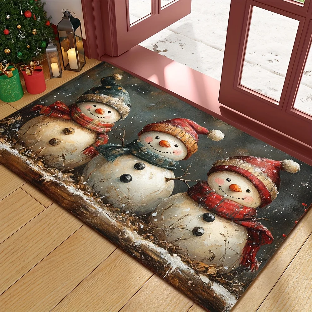 Weihnachts-Schneemann-Willkommens-Fußmatte, rechteckiger Polyester-Teppich, leichte Bodenmatte für den Innen- und Außenbereich für Türen