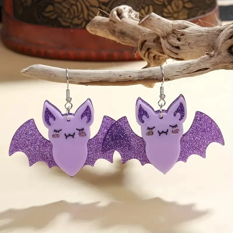 New Purple Glittery Spooky Halloween Bat Earrings | Acrylic Spliced Design, Sequin Studs