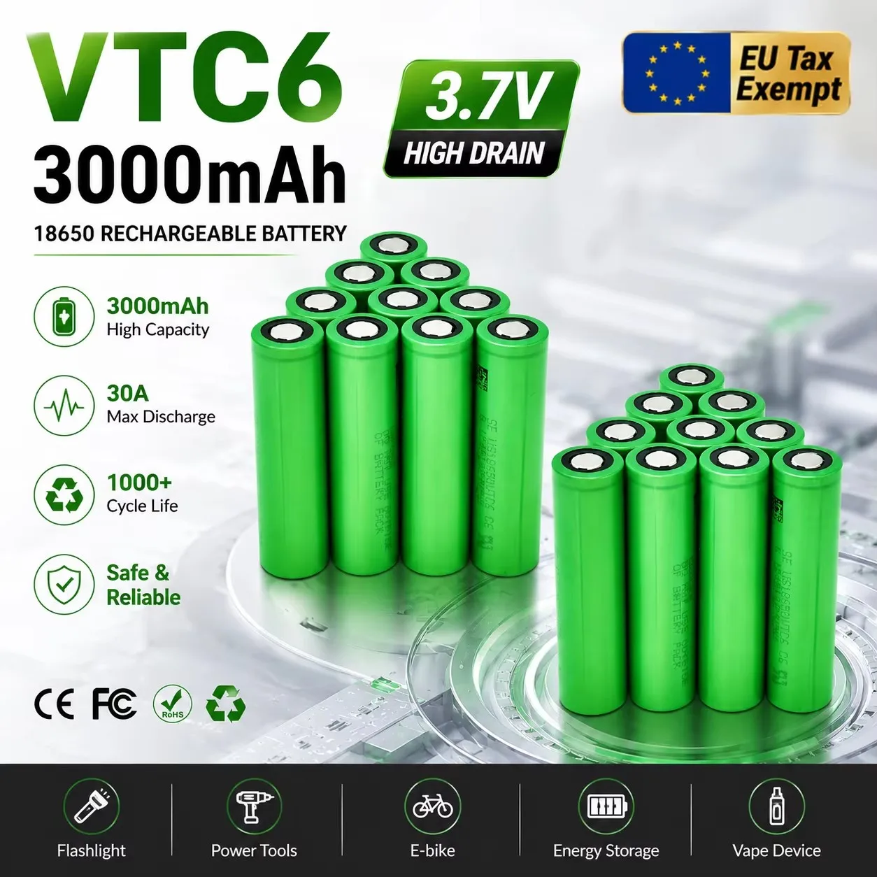 Neue, originale, hochwertige 3,7-V-18650-Lithium-Ionen-Akkus, geeignet für Sony VTC6 3000 mAh LED-Taschenlampen, sicherer und langlebiger Ersatzakku