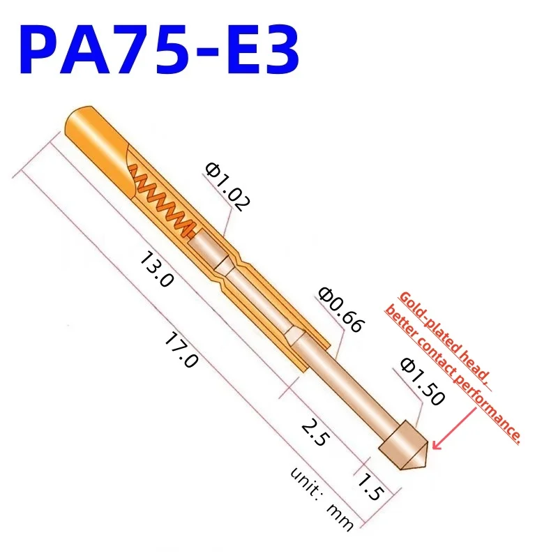 20/100PCS PA75-E3 Spring Test Probe PA75-E Test Pin PCB Test Tool 17.0mm Dia 1.02mm Gold Needle Tip 1.50mm Pogo Pin P75-E P75-E3