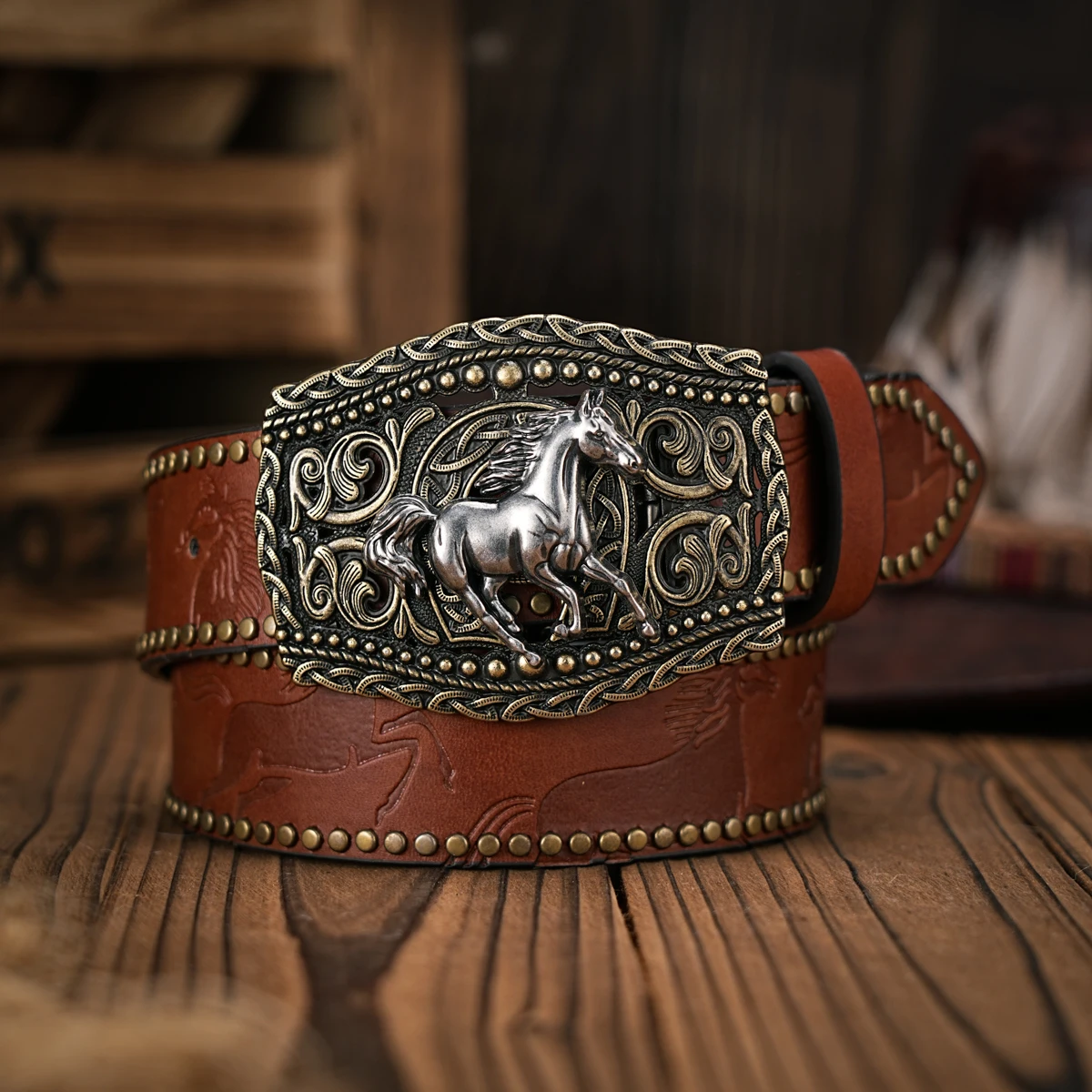 Herren- und Damen-Western-Cowboy-PU-Ledergürtel – Vintage-Gürtel mit floraler Gravur und Schnalle für Jeans – Detail 3
