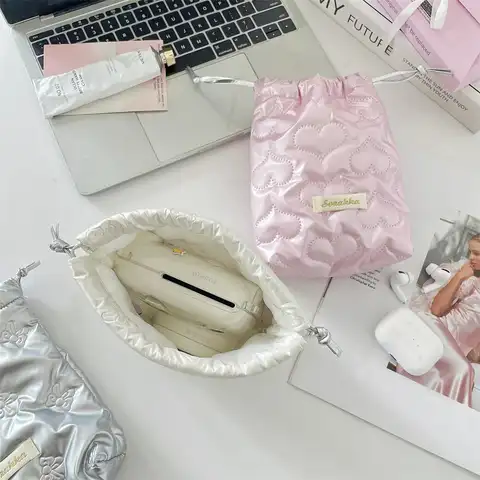 Cute Glossy Heart Bow Silver Buggy Bag Makeup Bag Pouch Camera Case Drawstring Bag Anti-lost Soft Travel Portable Storage Bag