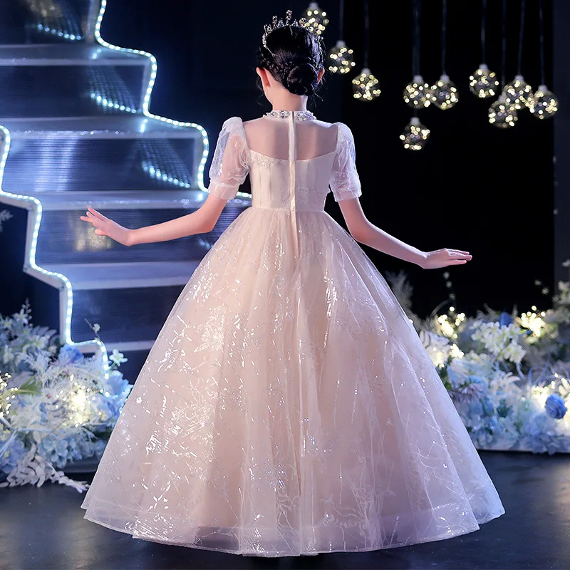 Vestidos de princesa para niñas, vestido de baile con cuentas de flores de encaje, ropa para niñas, vestido largo de fiesta de boda para dama de honor para niños