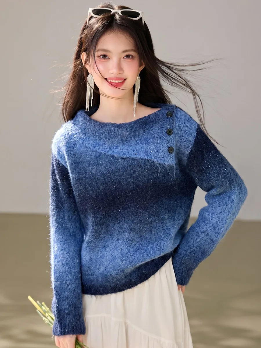 Loose Long Sleeve Knitted Sweater Women's Shoulder Bared Autumn Winter Soft Comfortable Casual Style Overhead Top