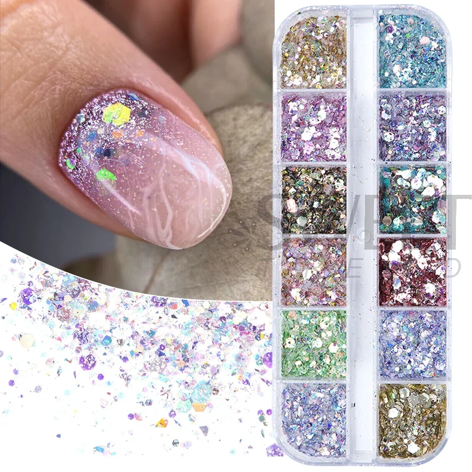 12 Grids Holographic Mixed Hexagon Nail Glitter Flake Shiny Iridescent Powder Slices Spangles Gel Polish Decor Paillette Sequin