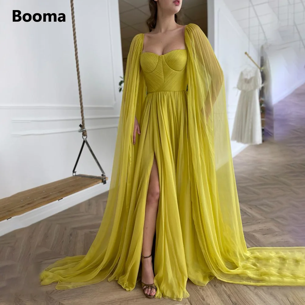 Booma elegante amarelo chiffon vestidos de baile longo cabo lado fenda a linha vestidos de noite watteau trem plissado vestidos de festa de casamento