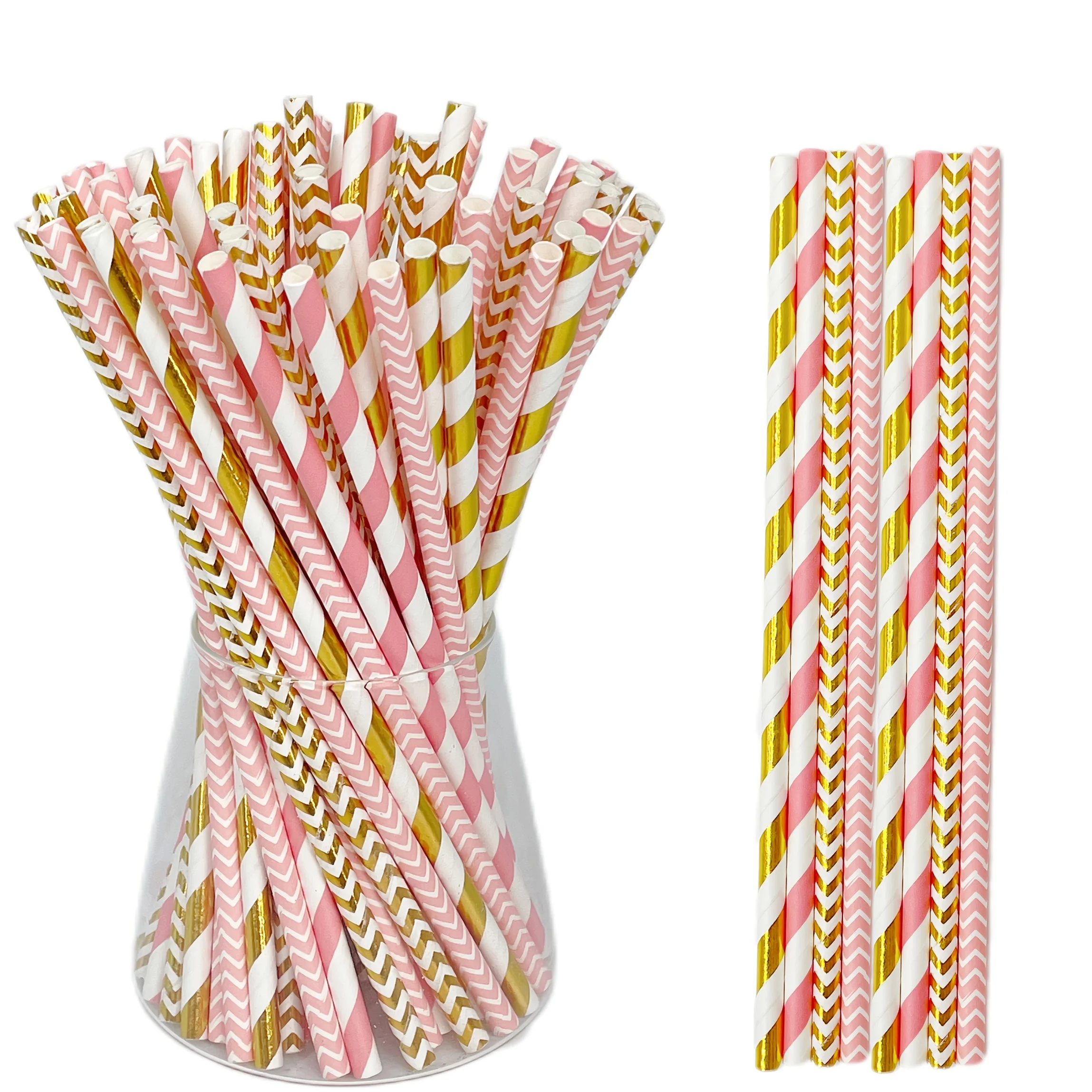100pcs Assorted Quantity Golden Glitter Series Disposable Paper Straws Party Tableware Random Styles Shipped