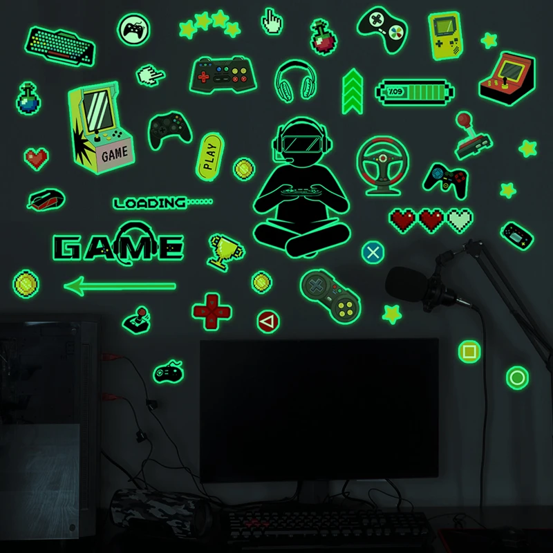 Luminous Game Element Wall Stickers Boy Gamers Vinyl Decals Glow in the Dark for Kids Room Bedroom Gaming Zone Home Decoration