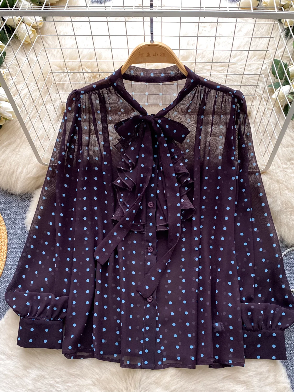 

Женская свободная рубашка в горошек с длинным рукавом в нежном стиле, с поясом-завязкой, для весеннего повседневного образа, дышащий топ из полиэфирного волокна