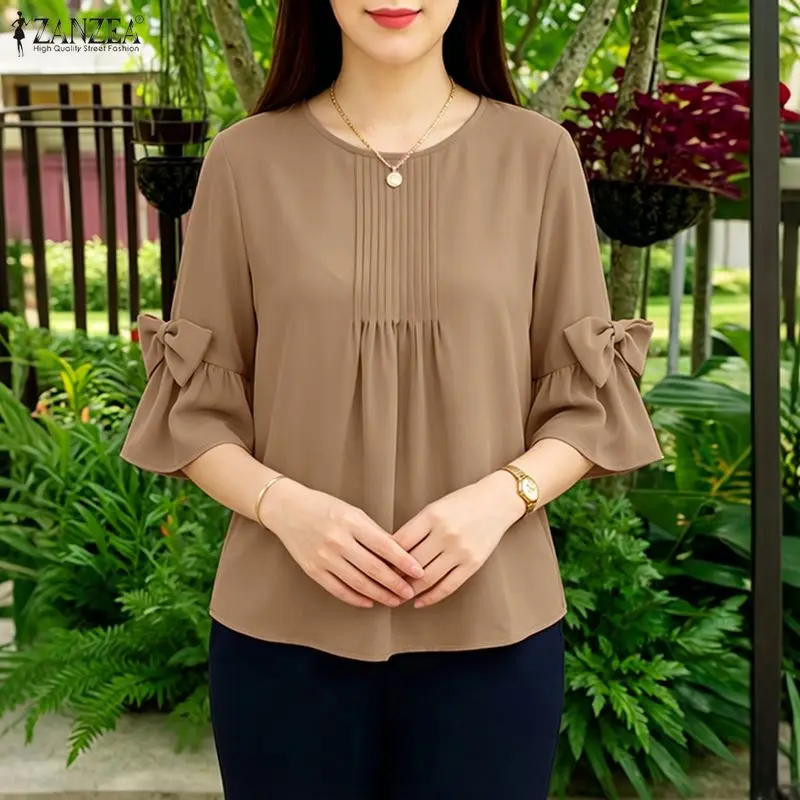 

2026 Summer Flare Sleeve Bows Blouse ZANZEA Stylish Women Tops Casual O Neck Pleated Blusas Mujer Female Elegant Work Shirt