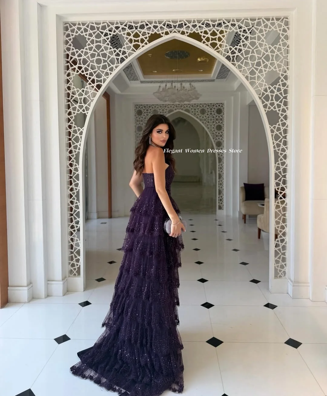 Evening Dresses Plum Purple Strapless Long Dress Glitter Tulle Multi Layer Ruffle Skirt Wedding Prom Evening Gown Customized