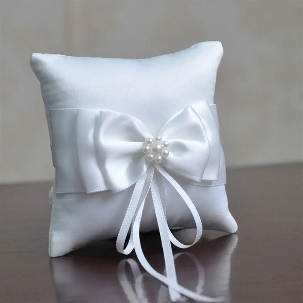 15*15cm 20*20cm 반지 무기명 베개 흰색 실크 황마 웨딩 용품 리본 Bowknot 반지 베개 행사 파티 장식
