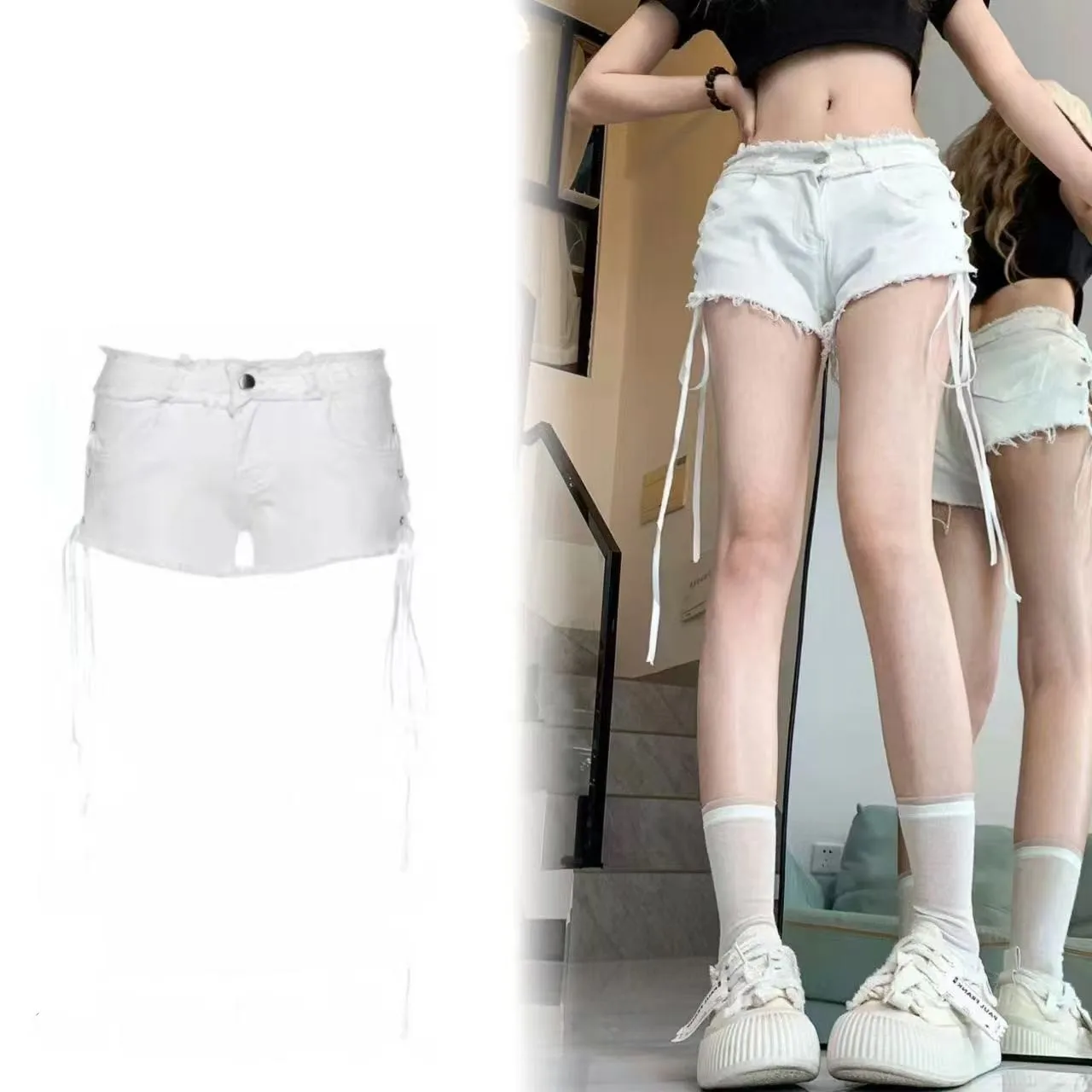 

Y2k Spice Girl Style Strap High Waist White Denim Shorts Women's Summer New Design Straight Short Hip Hot Pants Booty Shorts