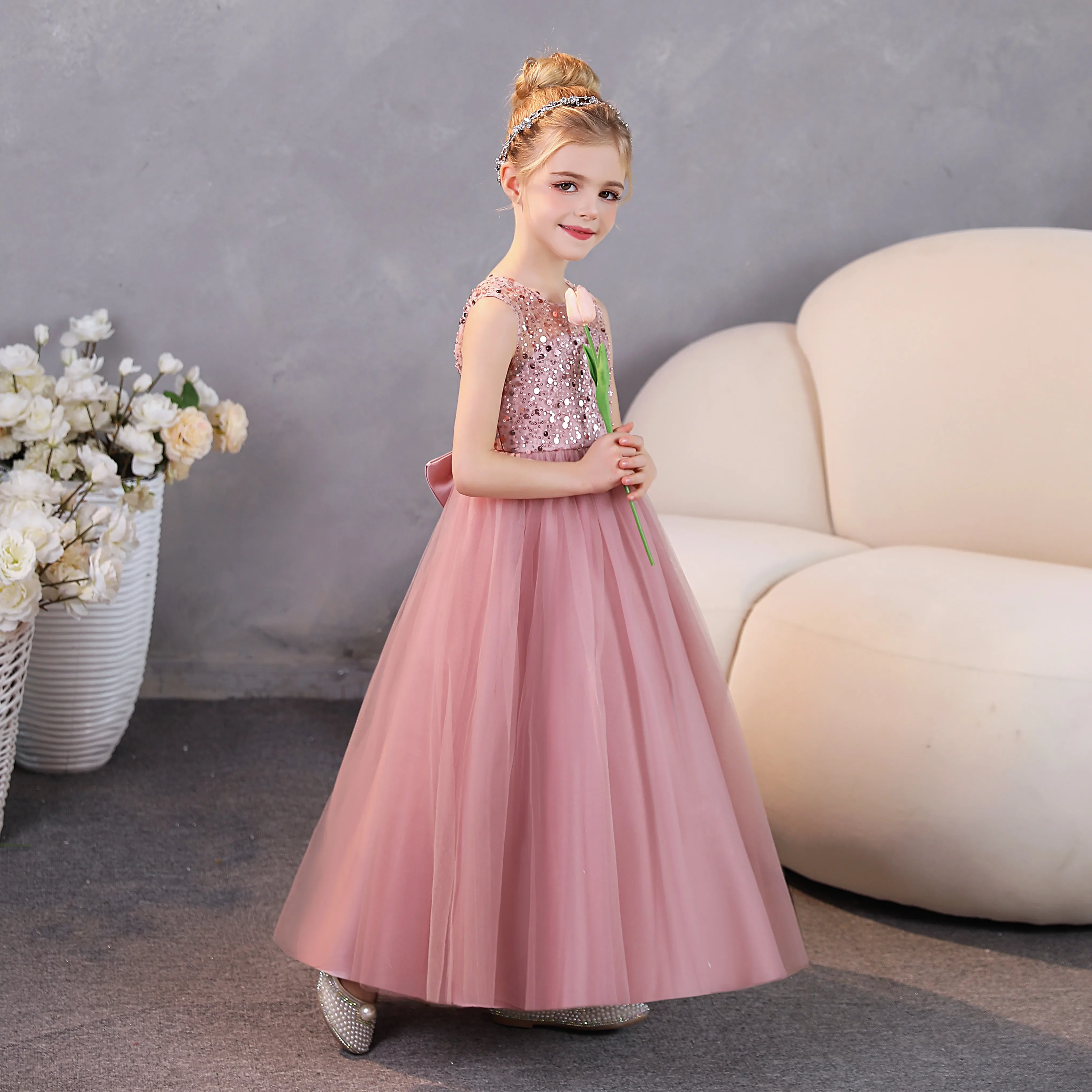 Dusty Rose Flower Girl Dresses for Wedding Puffy Tulle Princess Pageant Ball Gown Kids Birthday First Communion With Bow