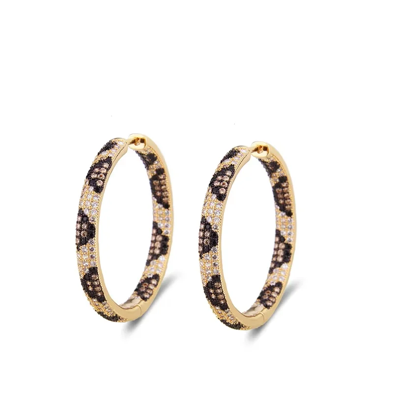 Women's Retro Leopard Python Pattern Zircon Round Hoop Earrings