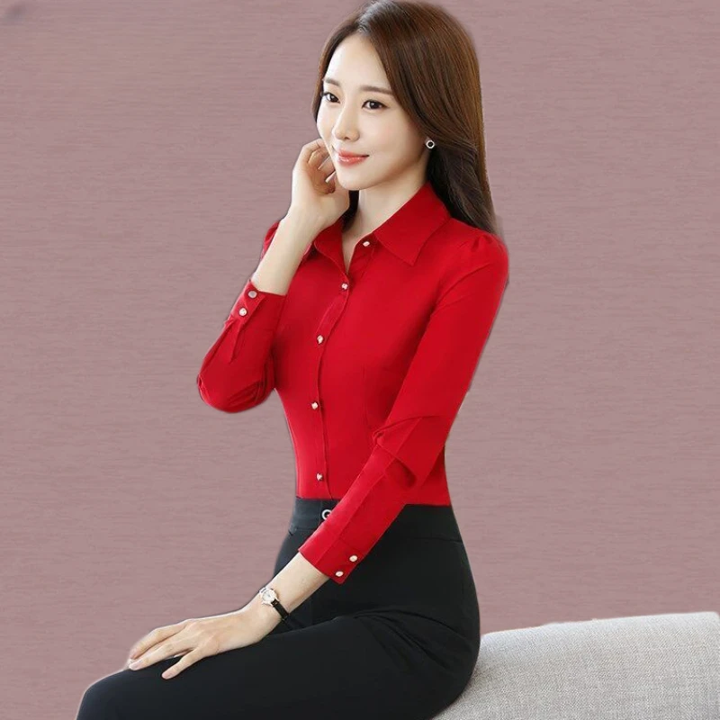 Red Women\'s Shirt Long Sleeve Blouse Autumn Women Shirts and Blouses Korean Fashion Slim Business Dress Shirt Women\'s Work Shirt