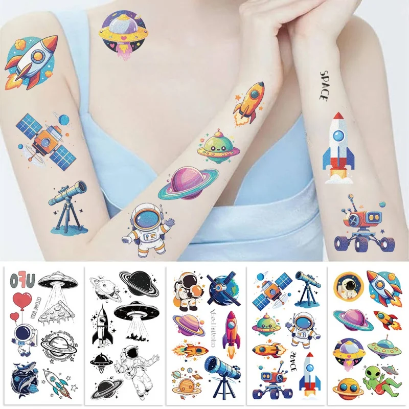 10sheets Space Temporary Tattoos Stickers for Kids Cartoon Astronauts Aliens Outer Planet Simulated Tattoos Children Party Favor