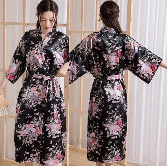 Flower Lady Sexy Robe Sleepwear Plus Size 3XL Long Nightgown Satin Lady Night Dressing Bath Gown Bride Bridesmaid Wedding Kimono