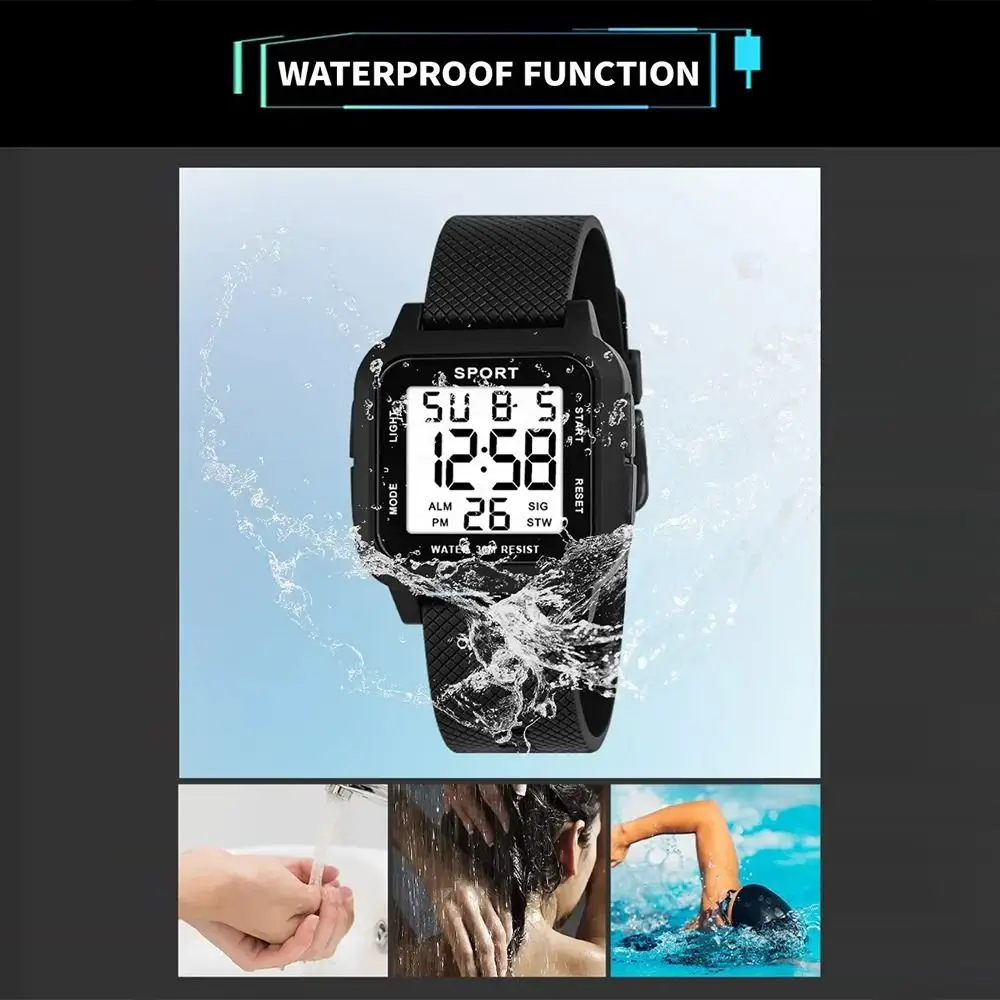ساعة رياضية رجالية مقاومة للماء ، ساعة يد إلكترونية ، أسود ليد ، مربع ، أزياء