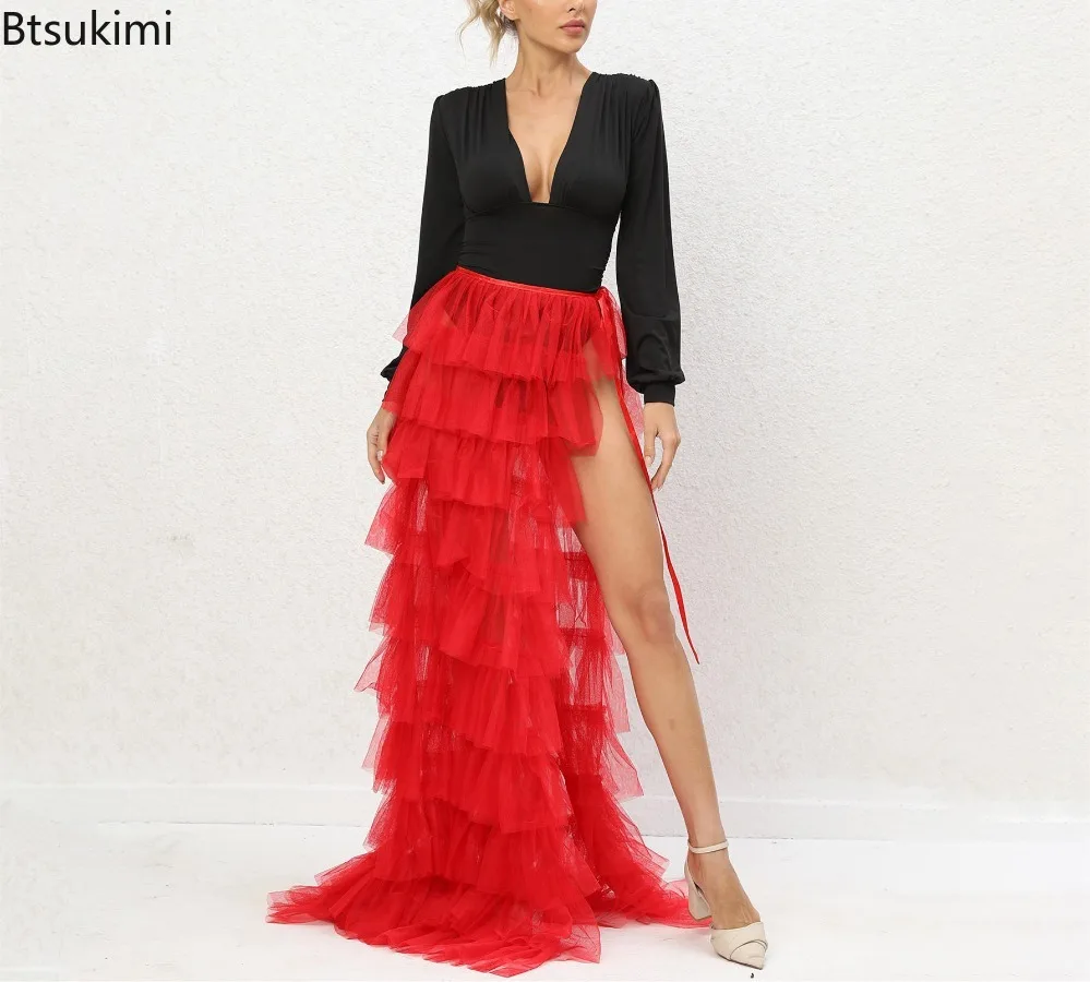 

2025 Women's Multi Layer Sexy Tutu Skirts High Waist Tulle Floor-length Skirts Fashion Irregular Design Wedding Party Maxi Skirt