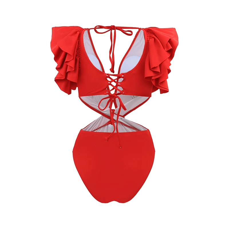 CPUTAN 2024 Red Ruffle Bikini Set With Cover Up Luxury Swimsuit Women Push Up Swimwear High Waist Monokini Brazylijski kostium kąpielowy