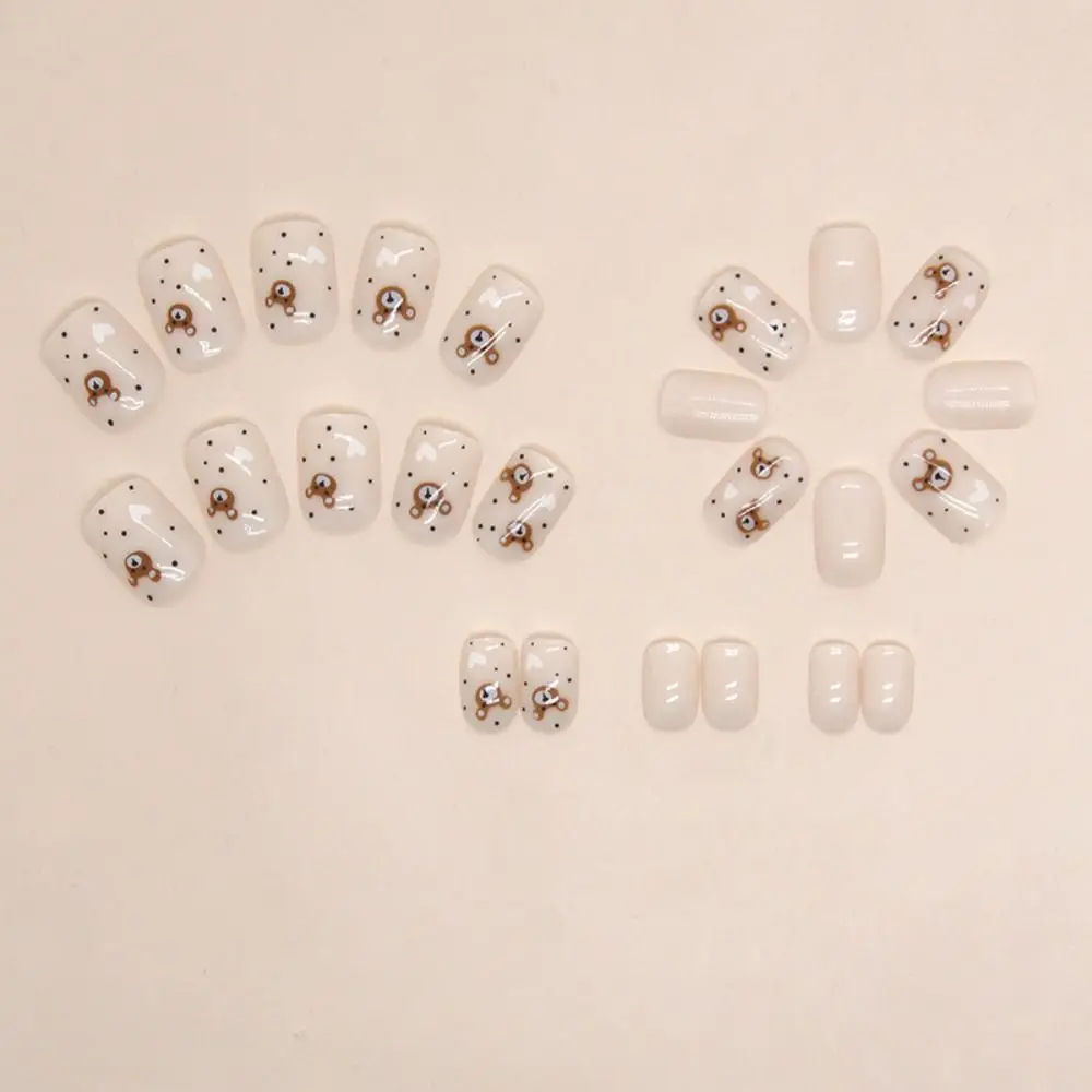 Fashion Short Round False Nails Bear French Fake Nails Full Cover Glitter Butterfly Nail Tips for Salon