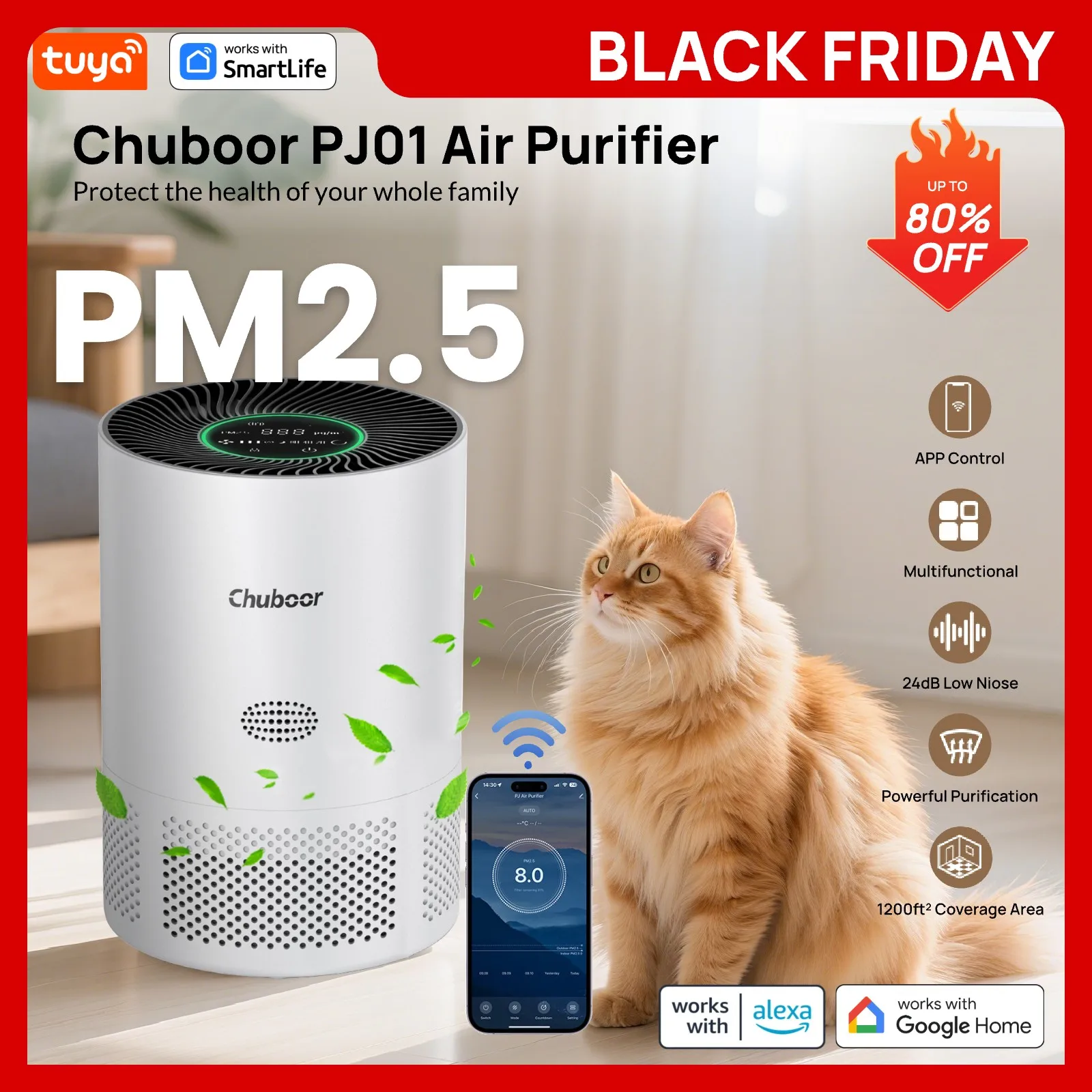 EU Tuya Smart Mini Luftreiniger für Schlafzimmer: 40 ㎡ /430Sq.Ft,App/Alexa,PM2.5,24dB Sleep,H13 Filter,Haustierhaar/Gerüche/Rauch/Pollenweiß