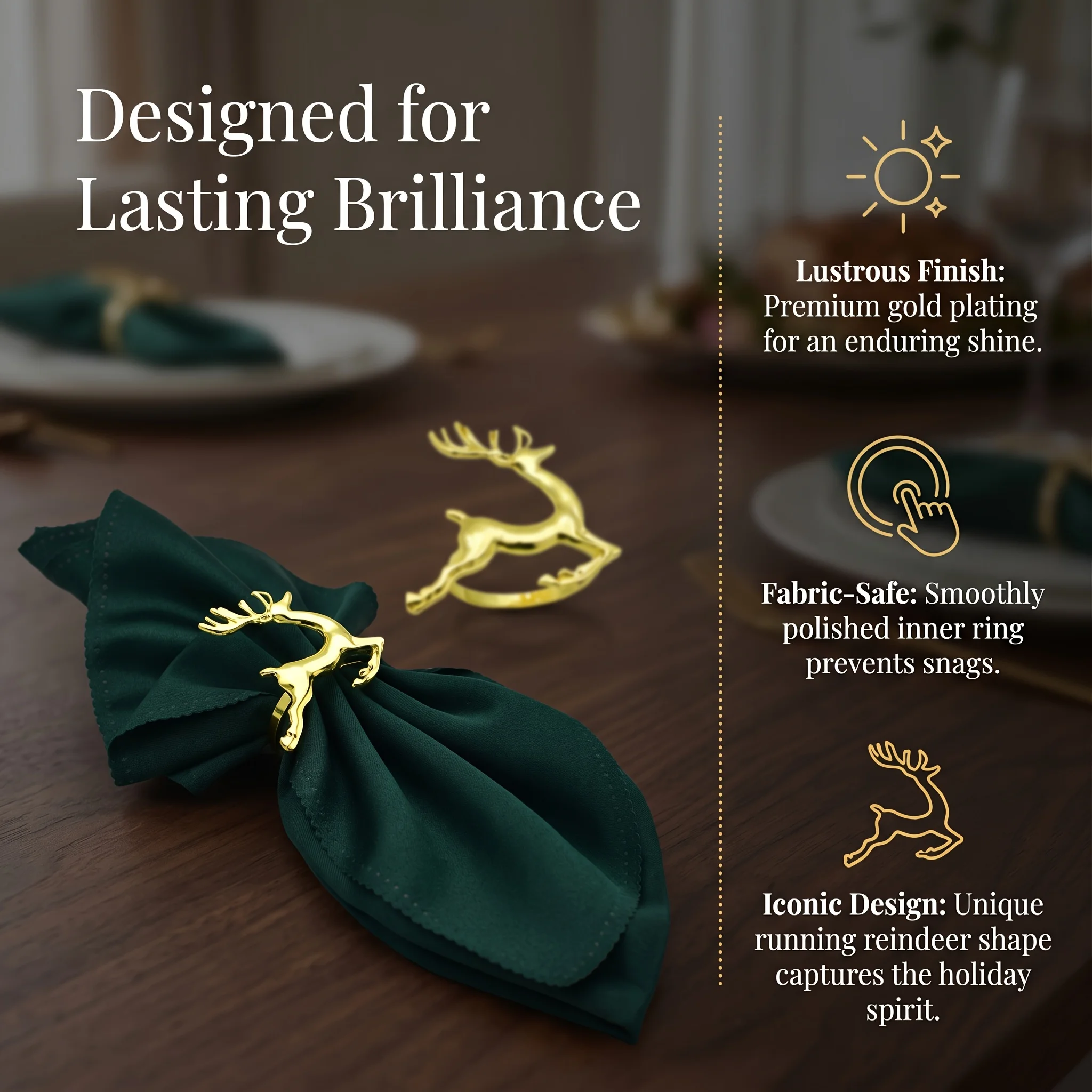 6pcs Exquisite Table Decorations, Golden Deer Christmas Napkin Rings