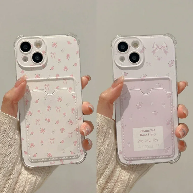 Korean Flower Card Bag Phone Case for Samsung Galaxy A22 A23 A42 A12 A13 A04 A04E A05 A02 A10 A10S A05S A02S A21S A03 Core Cover