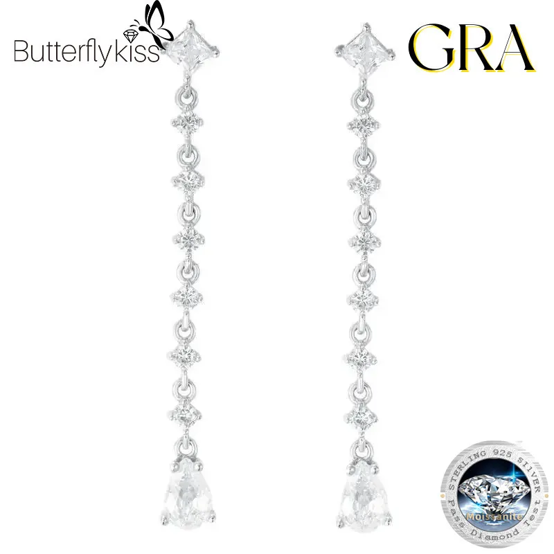 

Женские серьги-капли с муассанитом Butterflykiss PearCut, длинные висячие серьги из стерлингового серебра 925 пробы с бриллиантами, свадебные украшения