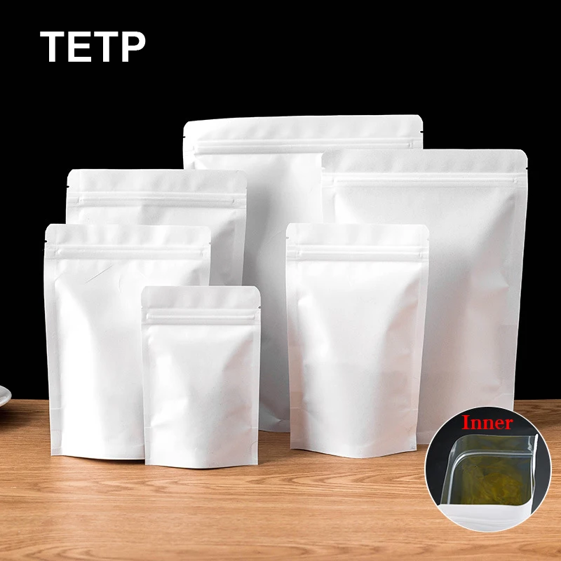 

TETP 50Pcs White Food Packaging Bags Support Customize Home Tea Snack Nut Sealing Storage Favors Inner Aluminum Foil Stand Up