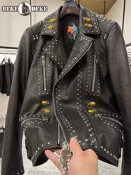 Luxury Mens Designer Rivets Genuine Leather Jacket Punk Style Coat Slim Fit Natural Leather Motorcycle Autumn Jacket Outerwear