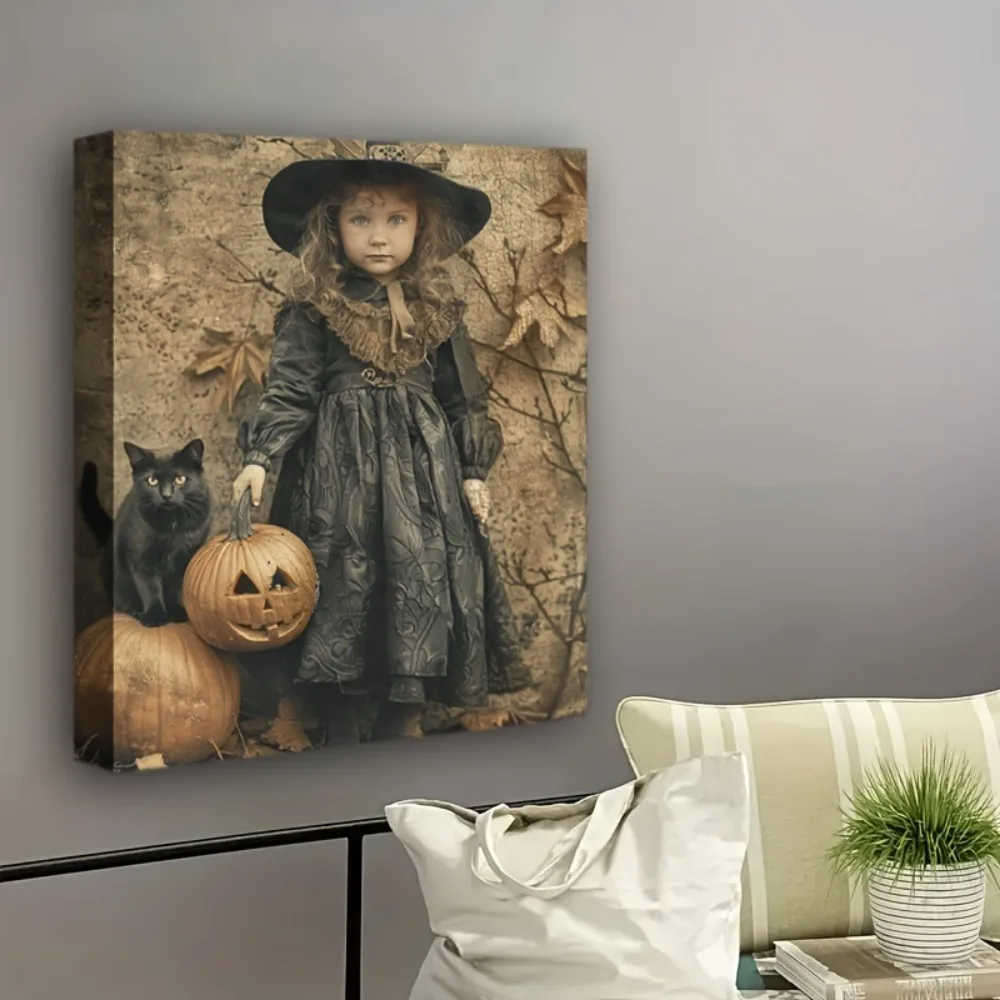 

1.5 inch solid wood picture frame, Halloween witch and cute black cat picture art deco, wall decoration hanging picture.