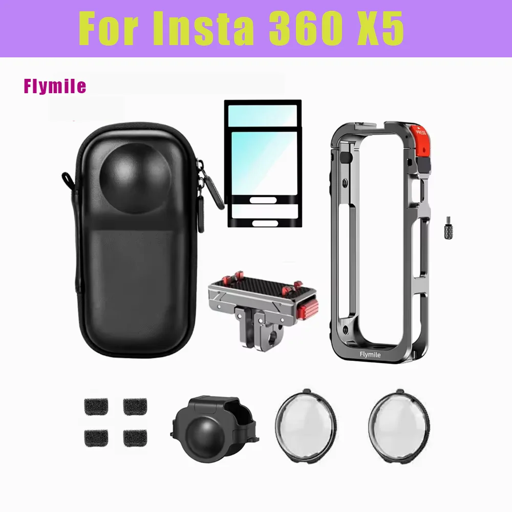 Accessories Kit for Insta360 X5 Metal Protective Case Cage PU Bag Camera Frame Cage PC Lens Guard Film Protector Silicone Case